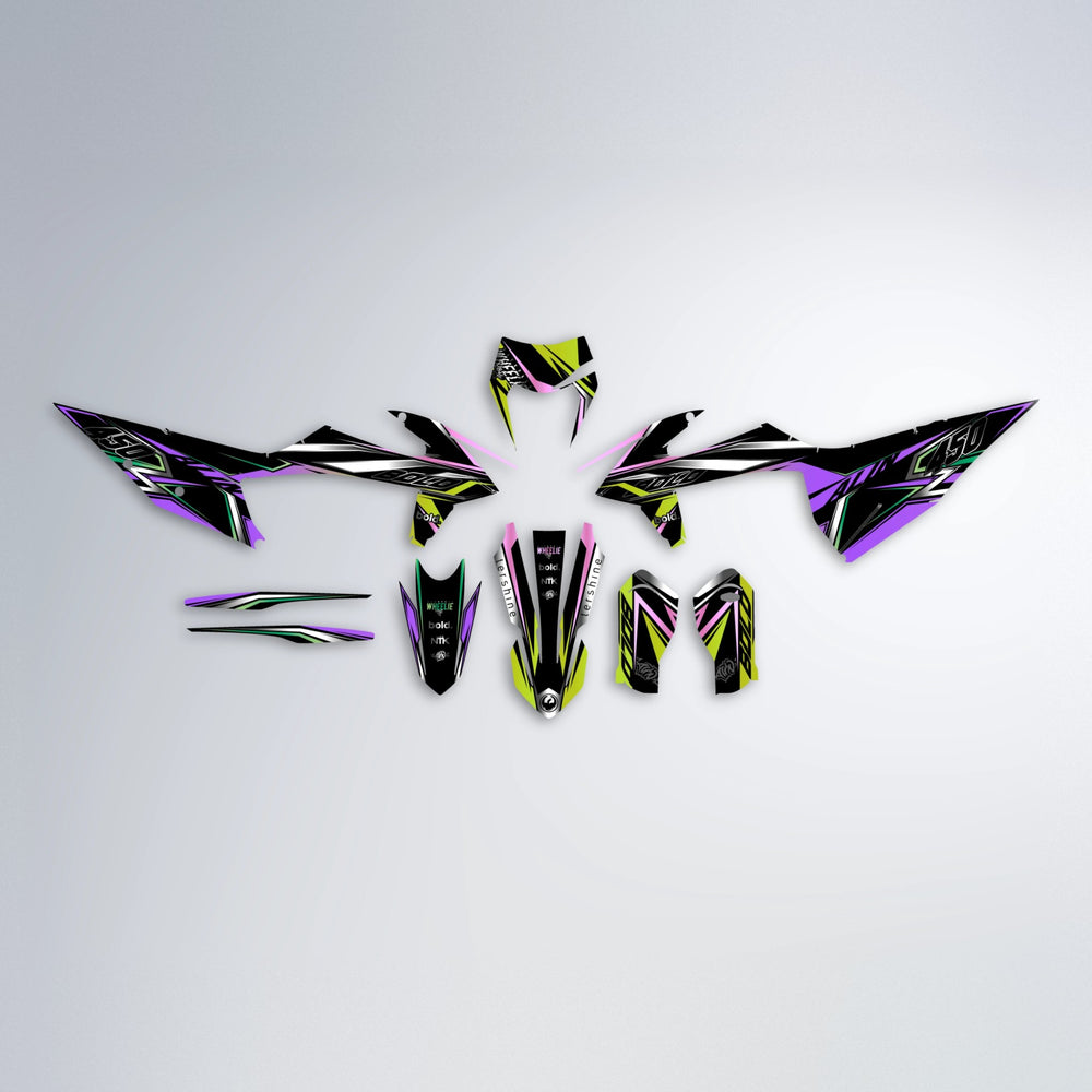ALIN V2 graphics kit parts layout in Purple & Fluo Yellow (Silverchrome)