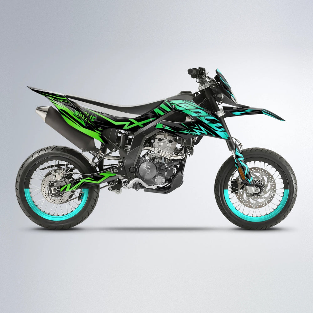 ANXIETY Aprilia SX 125 supermoto graphics kit in Cyan & Green