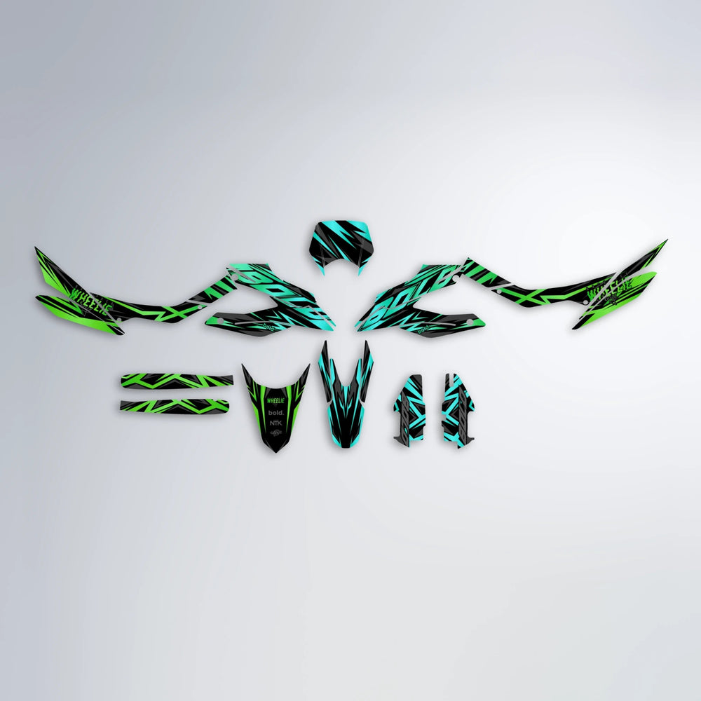 ANXIETY Aprilia SX 125 graphics kit parts layout in Cyan & Green