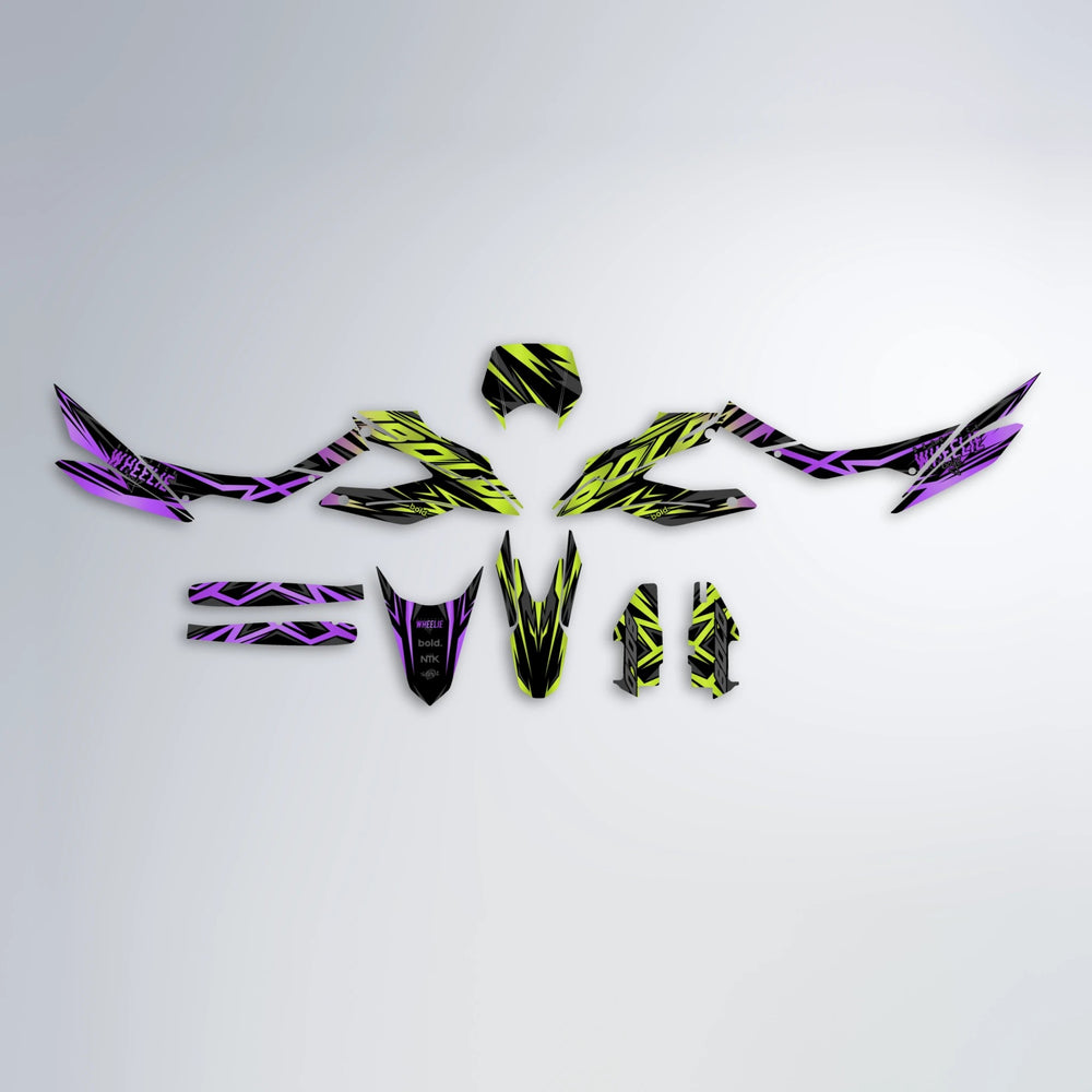 ANXIETY Aprilia SX 125 graphics kit parts layout in Purple & Yellow