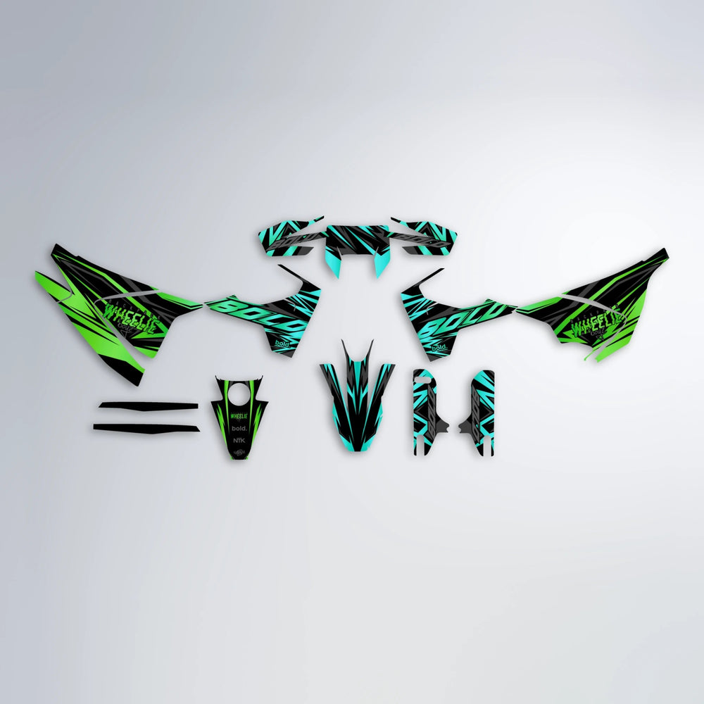 ANXIETY Husqvarna 701 graphics kit parts layout in Cyan & Green