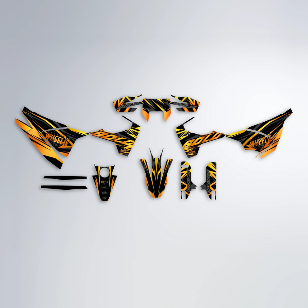 ANXIETY Husqvarna 701 graphics kit parts layout in Orange & Yellow