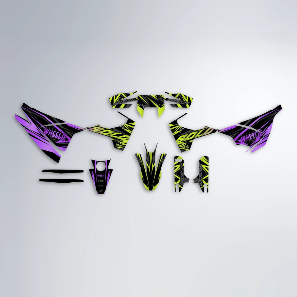 ANXIETY Husqvarna 701 graphics kit parts layout in Purple & Yellow