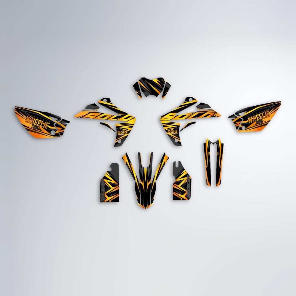 ANXIETY Rieju MRT graphics kit parts layout in Orange & Yellow