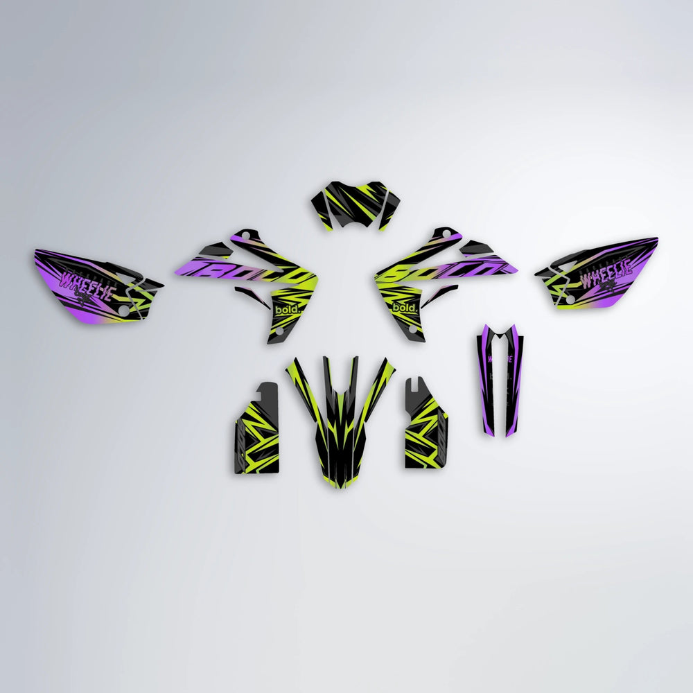 ANXIETY Rieju MRT graphics kit parts layout in Purple & Yellow