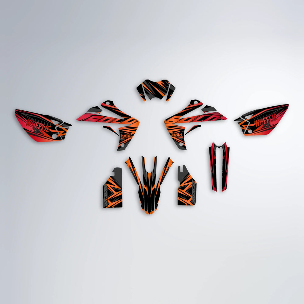 ANXIETY Rieju MRT graphics kit parts layout in Red & Orange