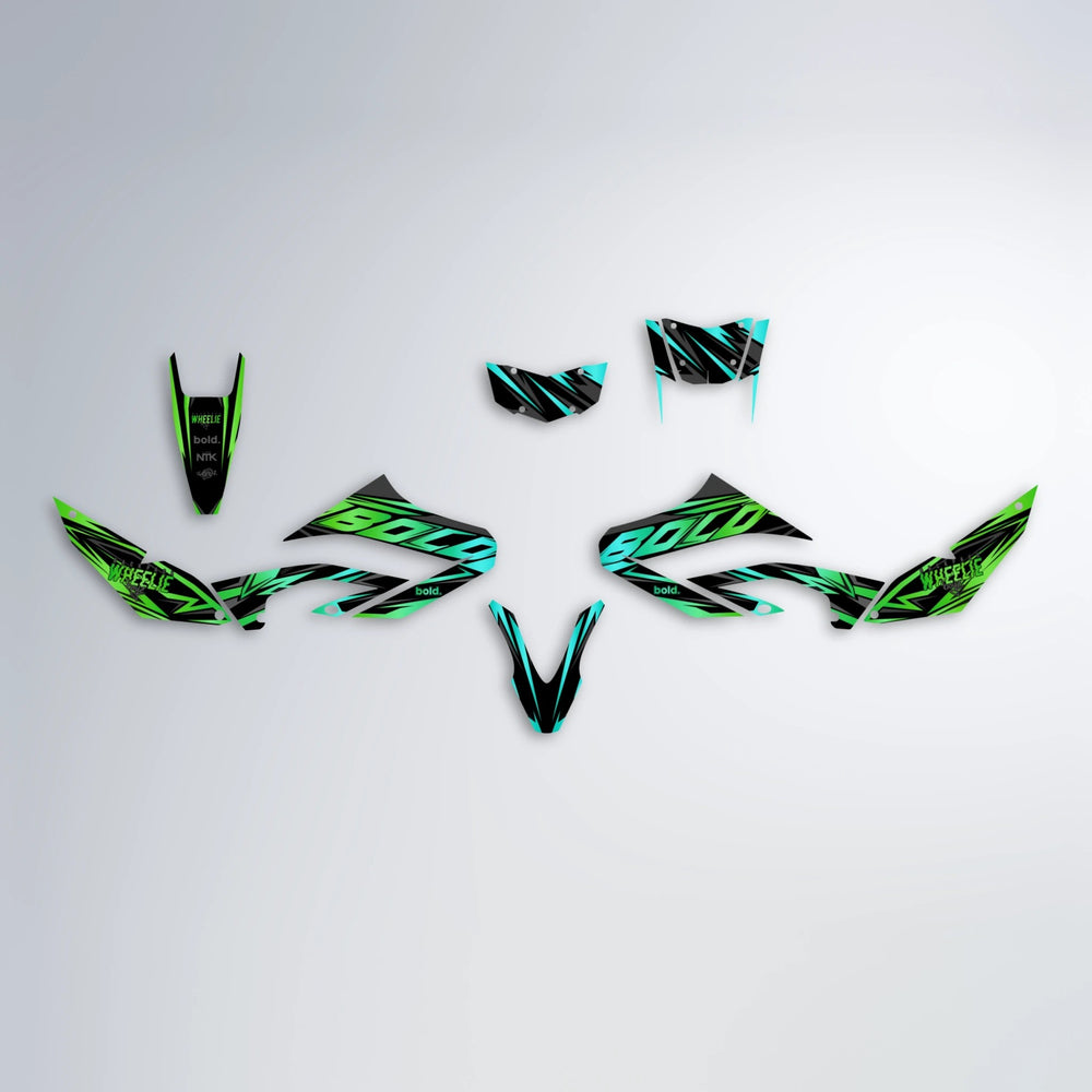 ANXIETY Yamaha WR 125X graphics kit parts layout in Cyan & Green