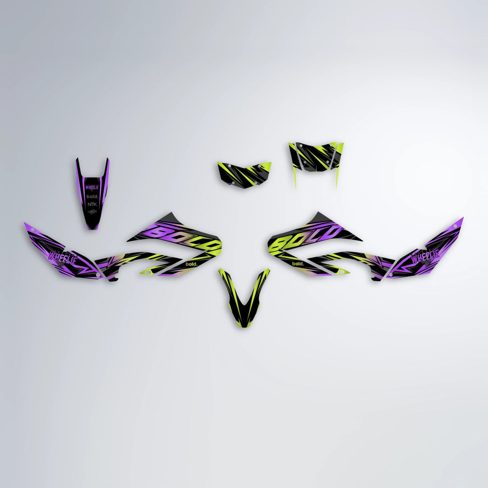 ANXIETY Yamaha WR 125X graphics kit parts layout in Purple & Yellow