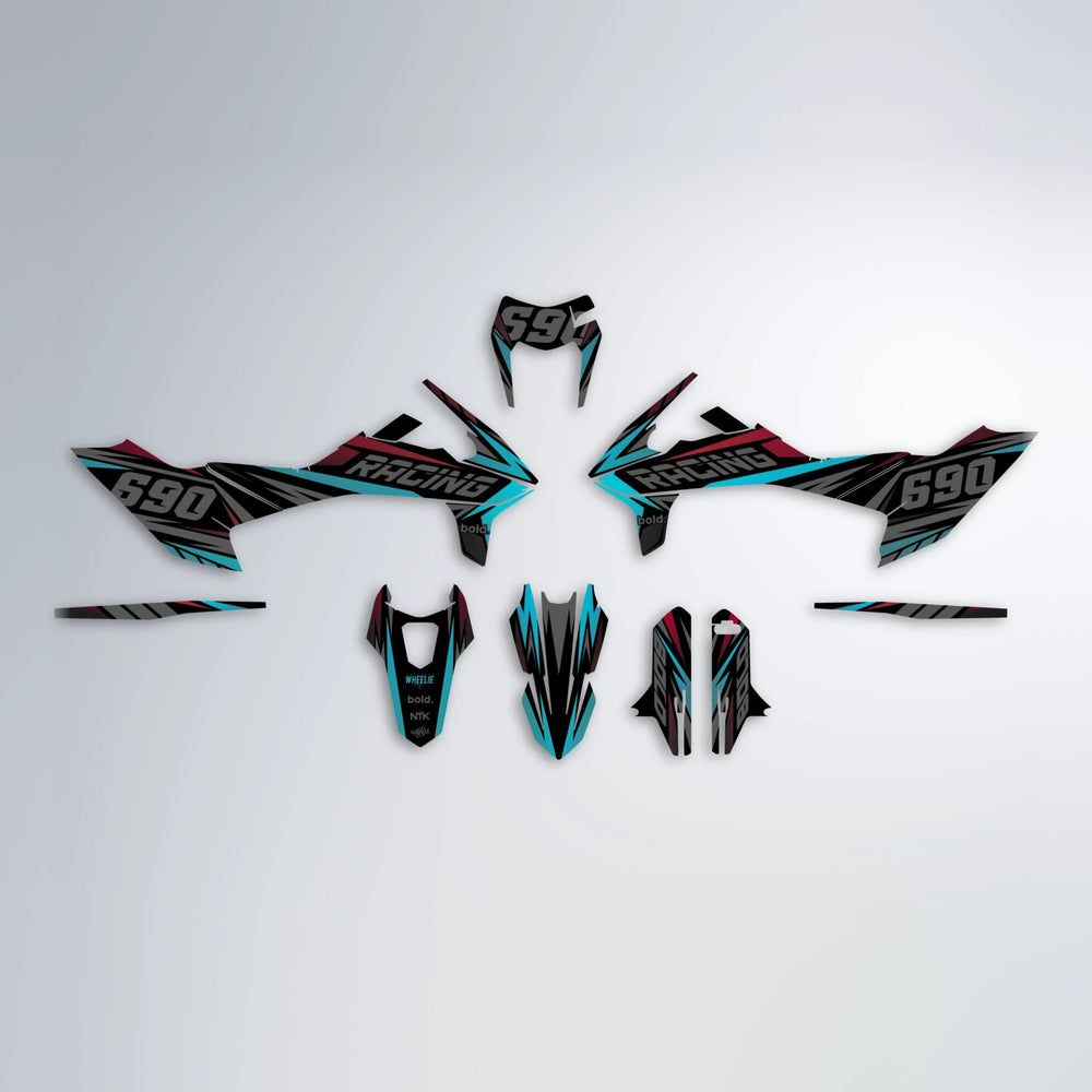 AQUA KTM SMC 690 graphics kit parts layout in Black & Red