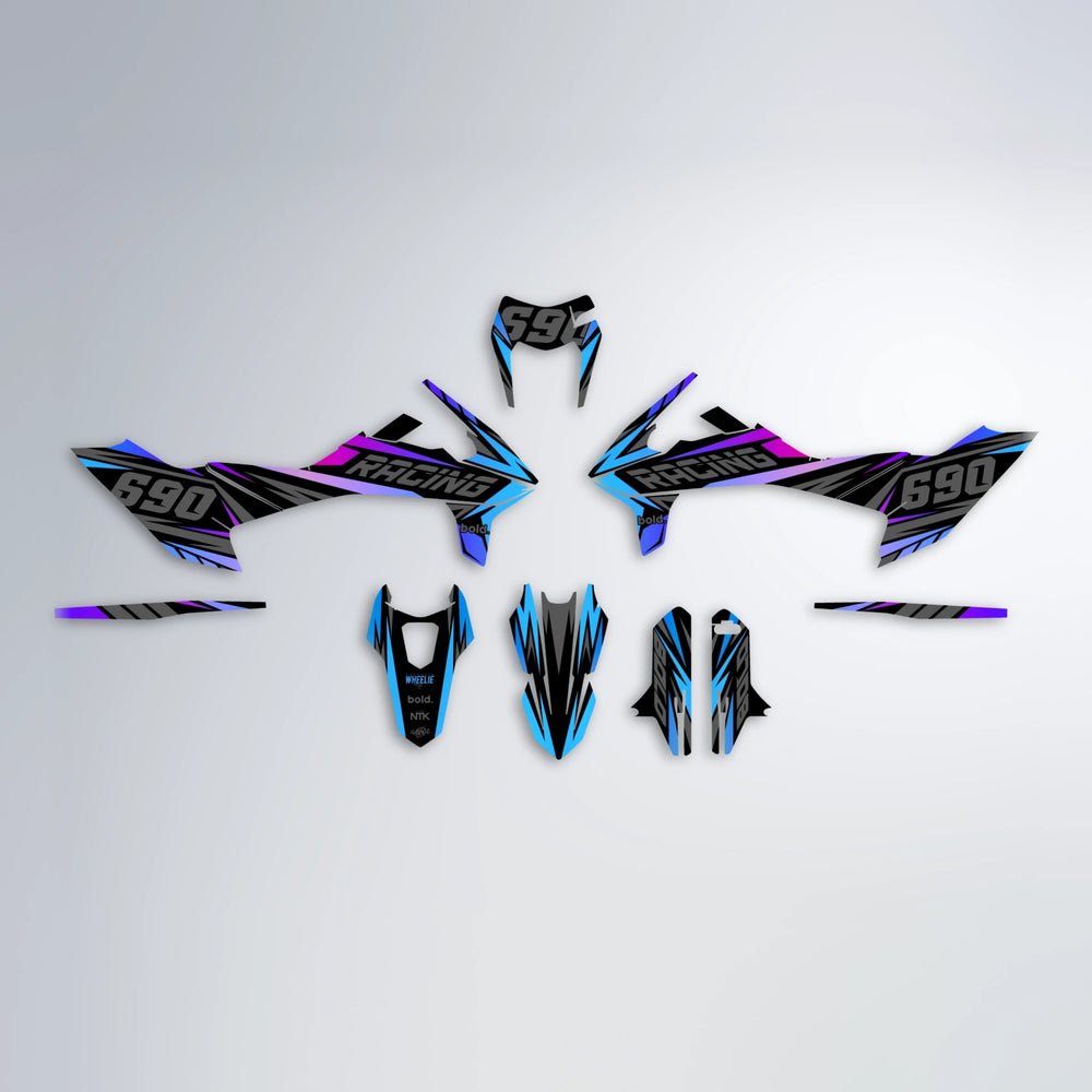 AQUA KTM SMC 690 graphics kit parts layout in Blue Purple Fade