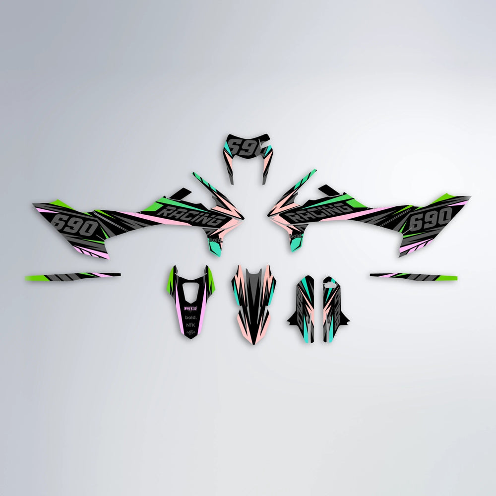 AQUA KTM SMC 690 graphics kit parts layout in Cyan & Green