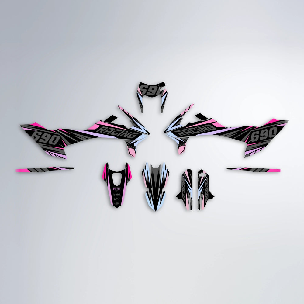 AQUA KTM SMC 690 graphics kit parts layout in Flamingo