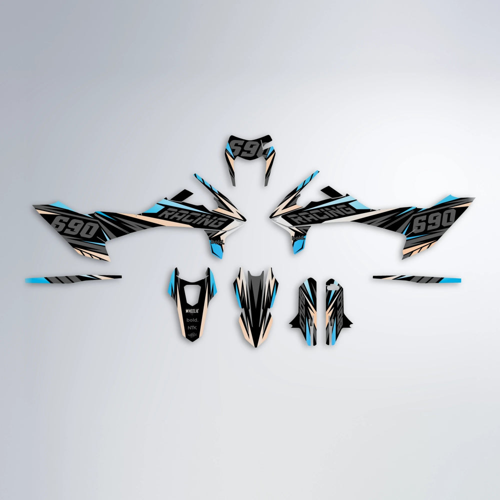 AQUA KTM SMC 690 graphics kit parts layout in Light Blue & White