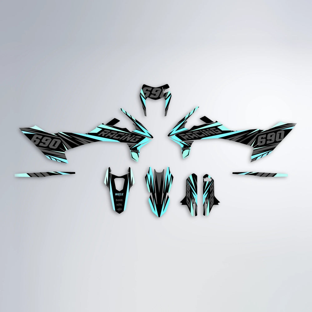 AQUA KTM SMC 690 graphics kit parts layout in Mint