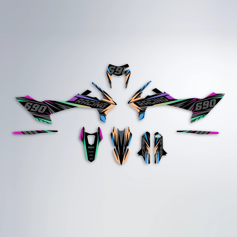 AQUA KTM SMC 690 graphics kit parts layout in Pink & Light Blue