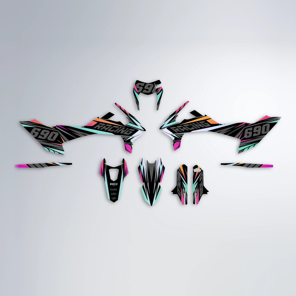AQUA KTM SMC 690 graphics kit parts layout in Pink & Yellow