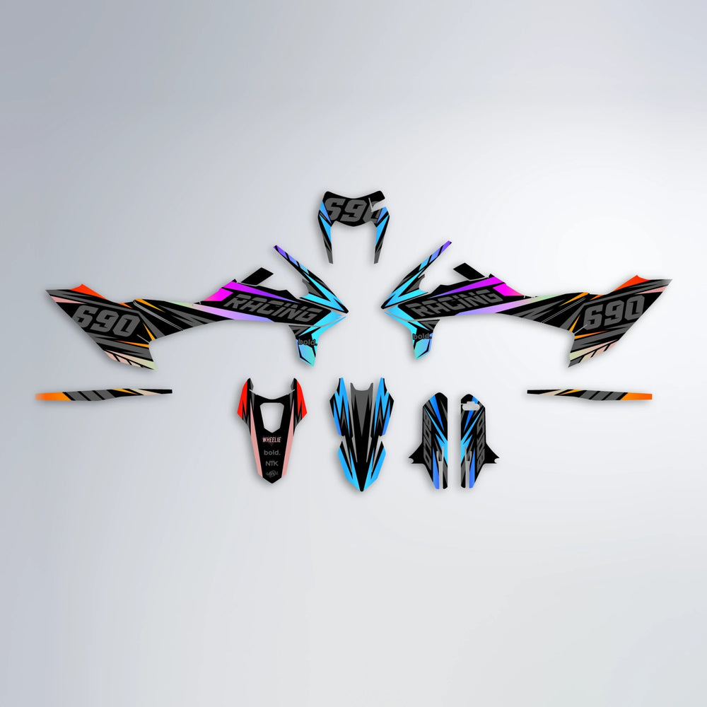 AQUA KTM SMC 690 graphics kit parts layout in Sunset Fade