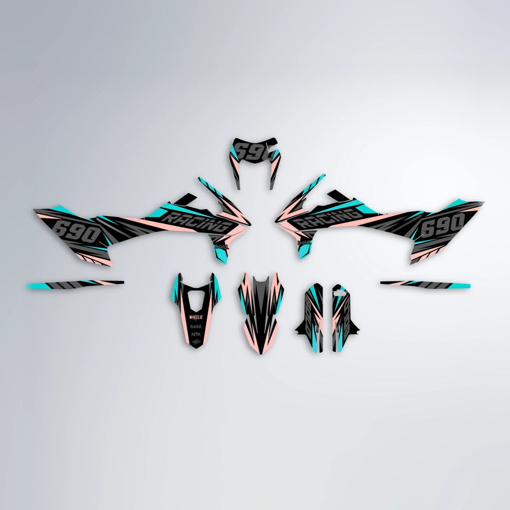 AQUA KTM SMC 690 graphics kit parts layout in Teal
