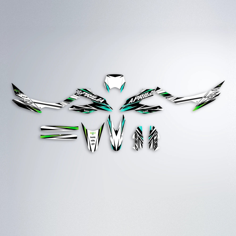ARCTIC Aprilia SX 125 graphics kit parts layout in Cyan & Green