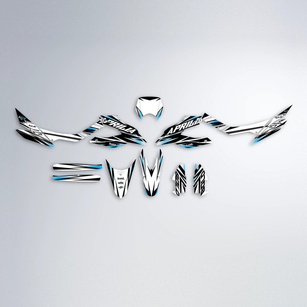 ARCTIC Aprilia SX 125 graphics kit parts layout in Light Blue & White