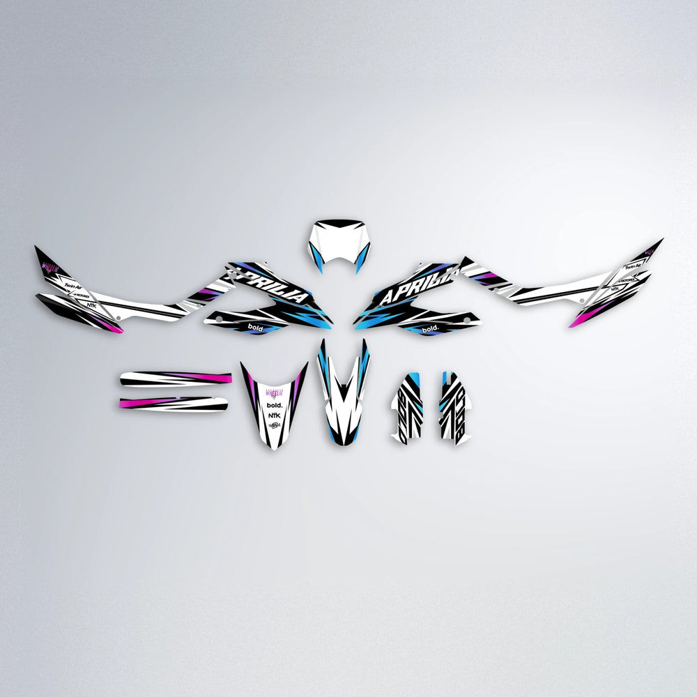 ARCTIC Aprilia SX 125 graphics kit parts layout in Pink & Light Blue