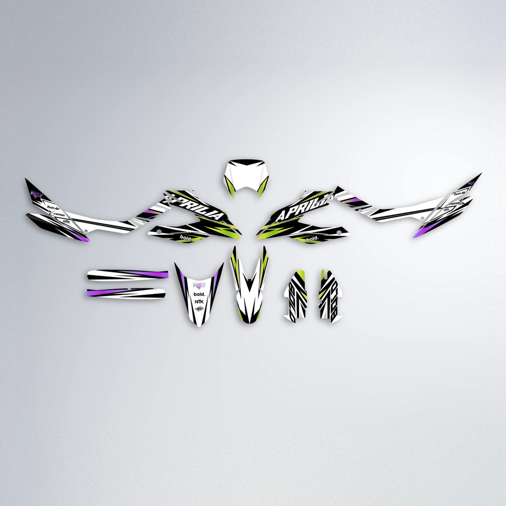 ARCTIC Aprilia SX 125 graphics kit parts layout in Purple & Yellow