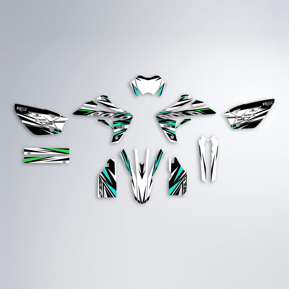 ARCTIC Rieju MRT graphics kit parts layout in Cyan & Green