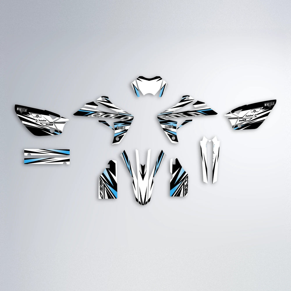 ARCTIC Rieju MRT graphics kit parts layout in Light Blue & White