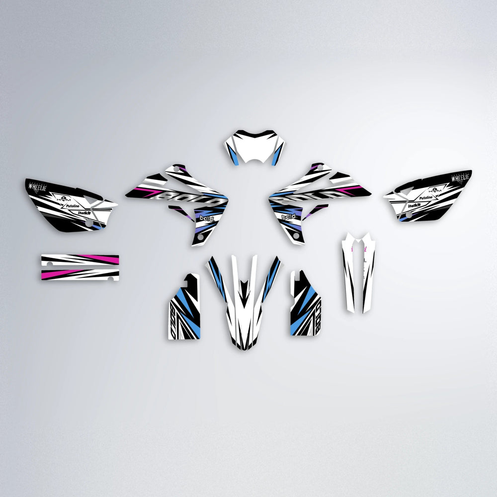 ARCTIC Rieju MRT graphics kit parts layout in Pink & Light Blue