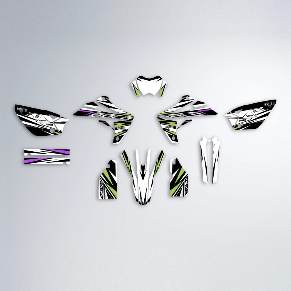 ARCTIC Rieju MRT graphics kit parts layout in Purple & Yellow