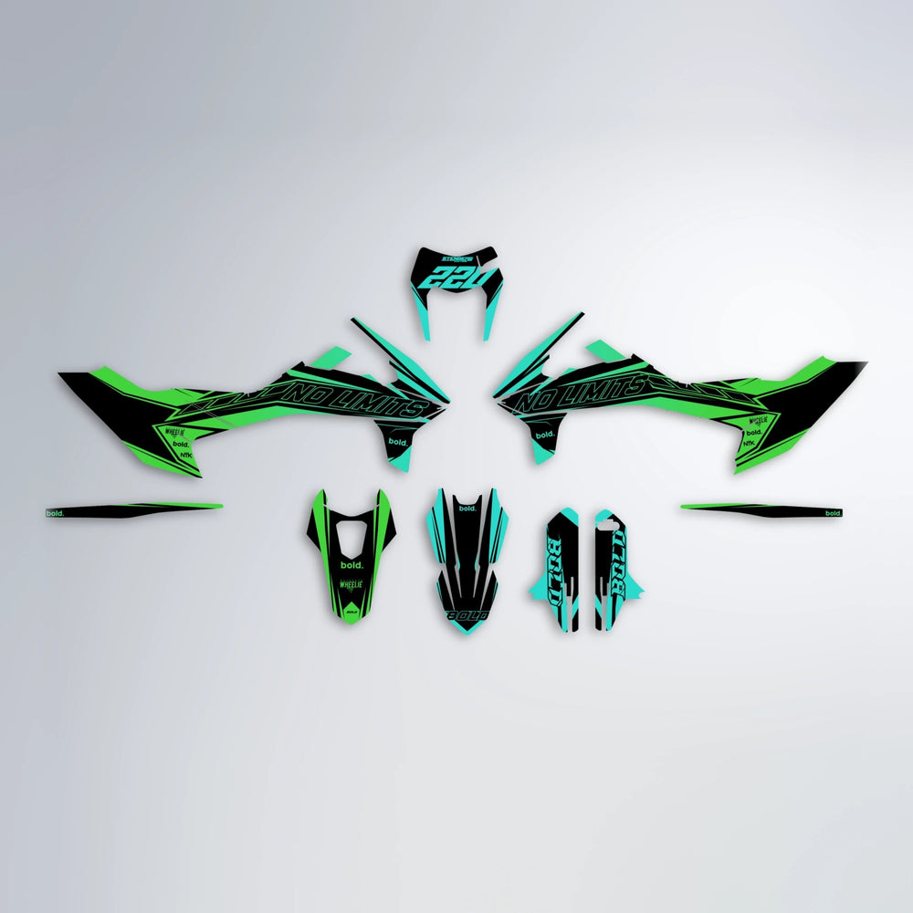 ARTTU STENBERG KTM SMC 690 graphics kit parts layout in Cyan & Green