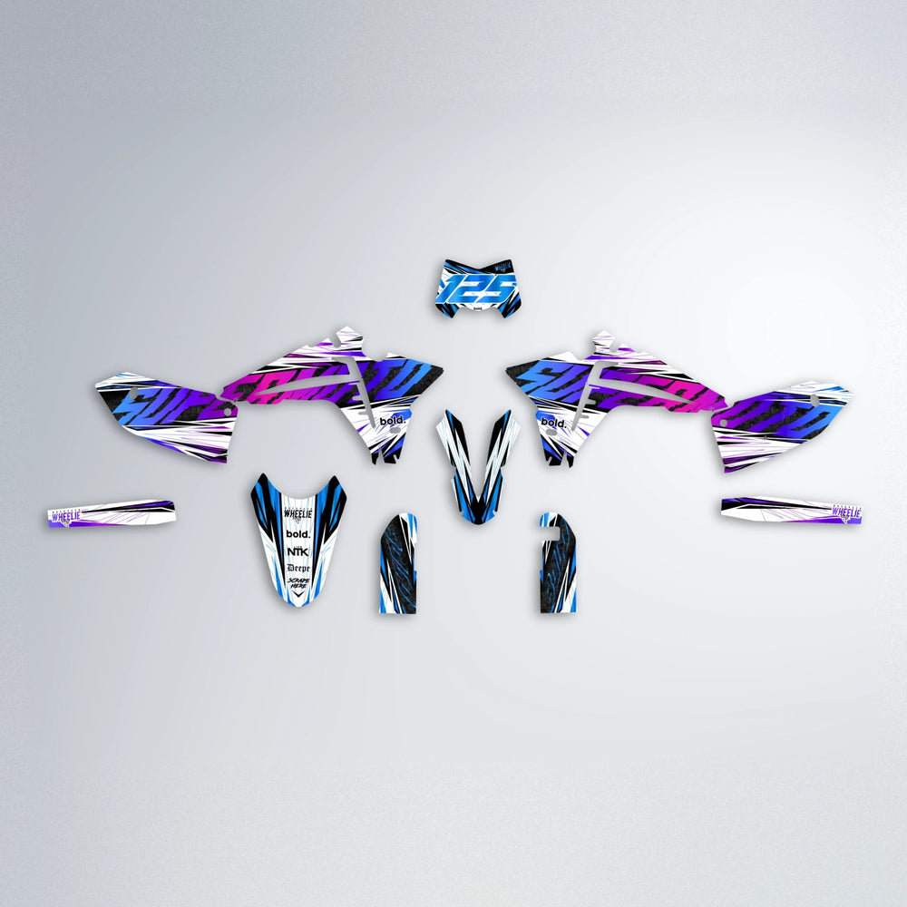 BENJIS Fantic graphics kit parts layout in Blue Purple Fade