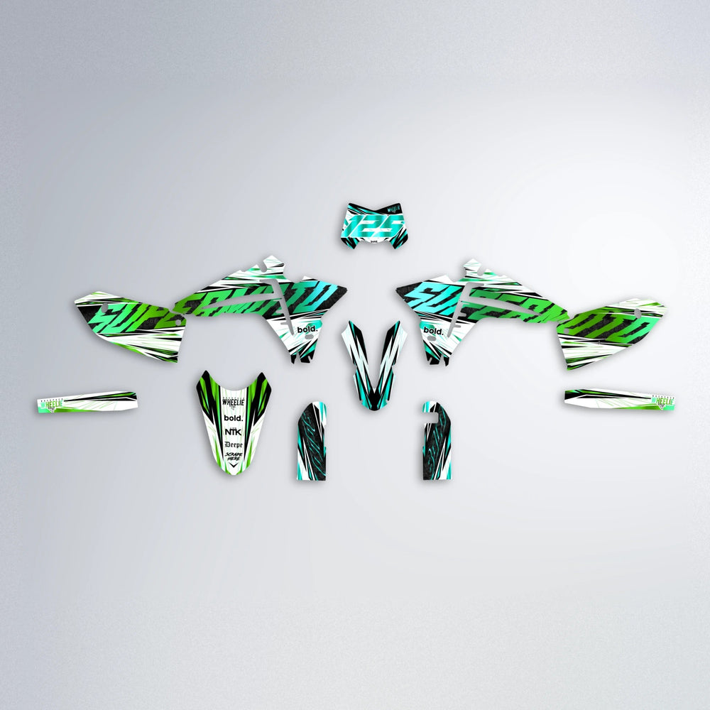 BENJIS Fantic graphics kit parts layout in Cyan & Green