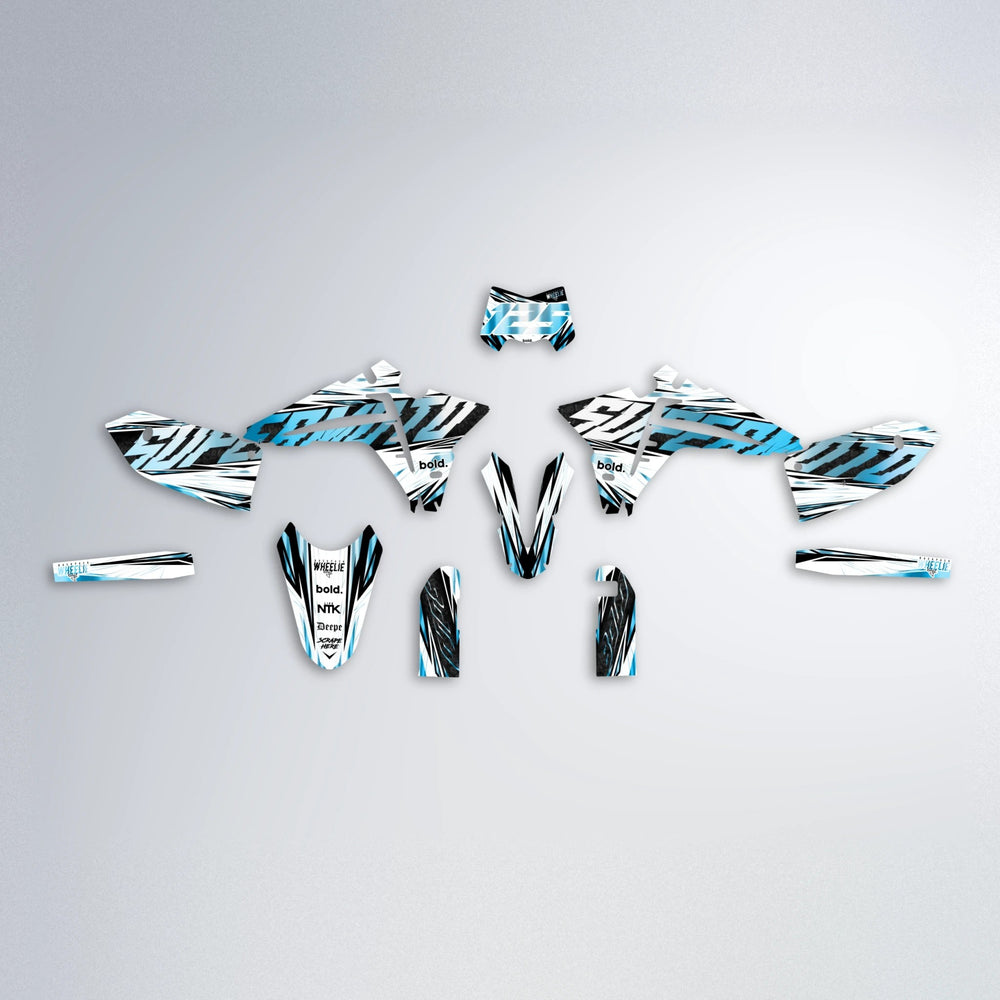 BENJIS Fantic graphics kit parts layout in Light Blue & White
