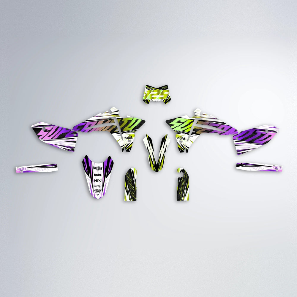 BENJIS Fantic graphics kit parts layout in Purple & Yellow