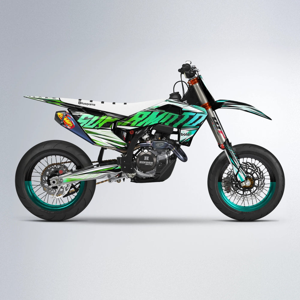 BENJIS Husqvarna FE/TE supermoto graphics kit in Cyan & Green