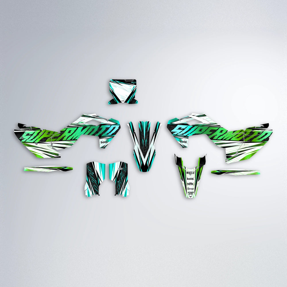 BENJIS Husqvarna FE/TE graphics kit parts layout in Cyan & Green