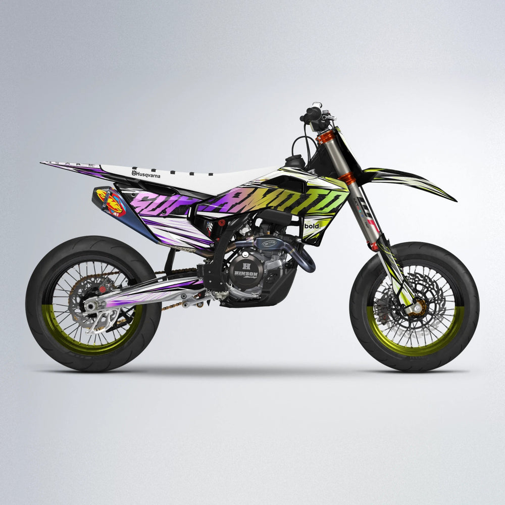 BENJIS Husqvarna FE/TE supermoto graphics kit in Purple & Yellow
