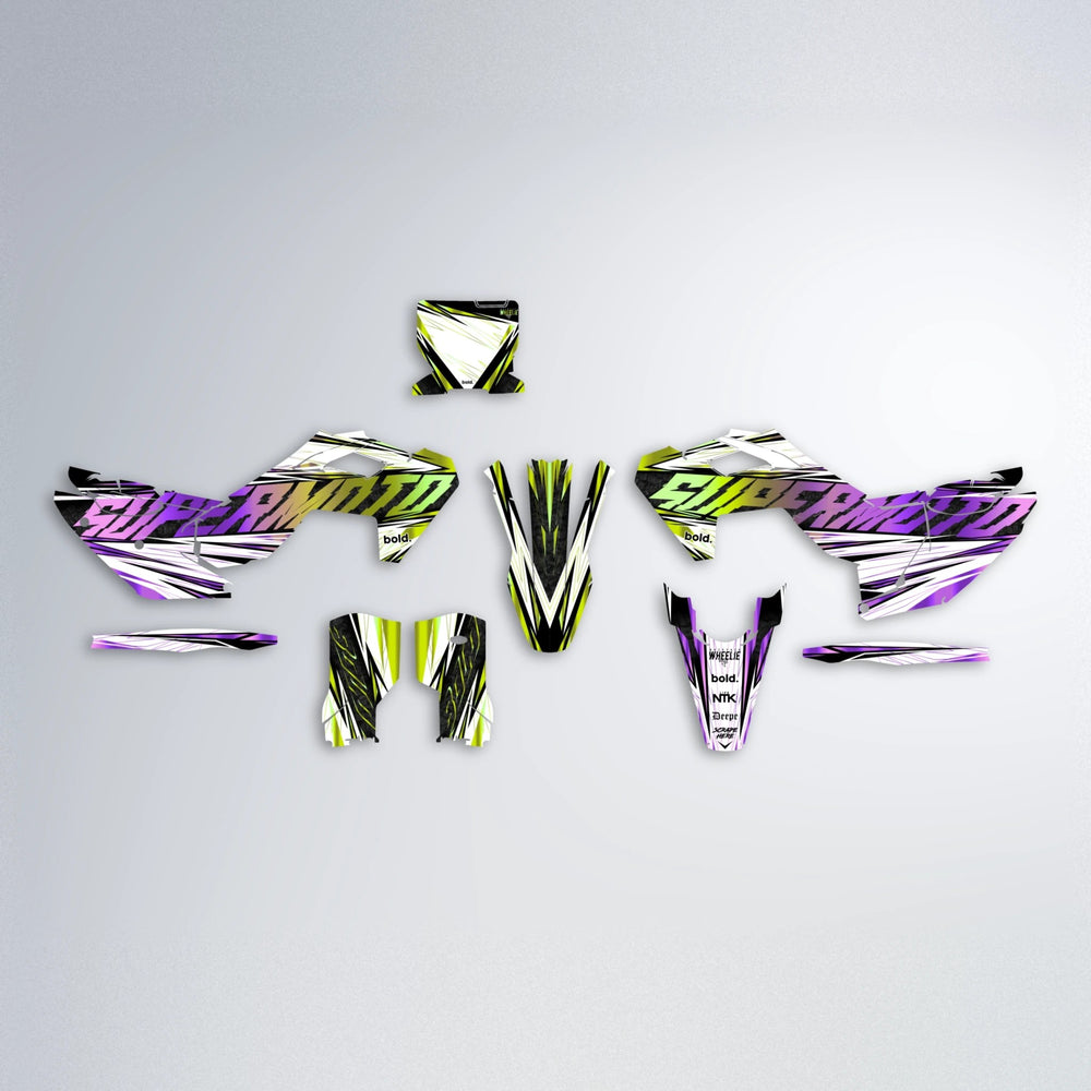BENJIS Husqvarna FE/TE graphics kit parts layout in Purple & Yellow