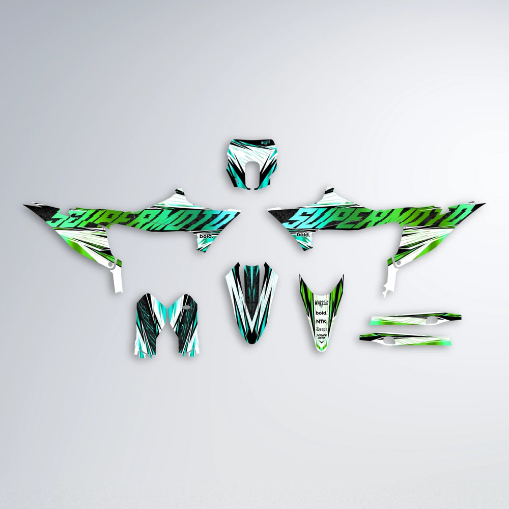 BENJIS Stark Varg SM graphics kit parts layout in Cyan & Green