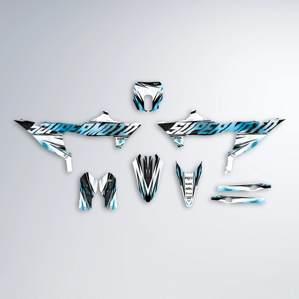 BENJIS Stark Varg SM graphics kit parts layout in Light Blue & White