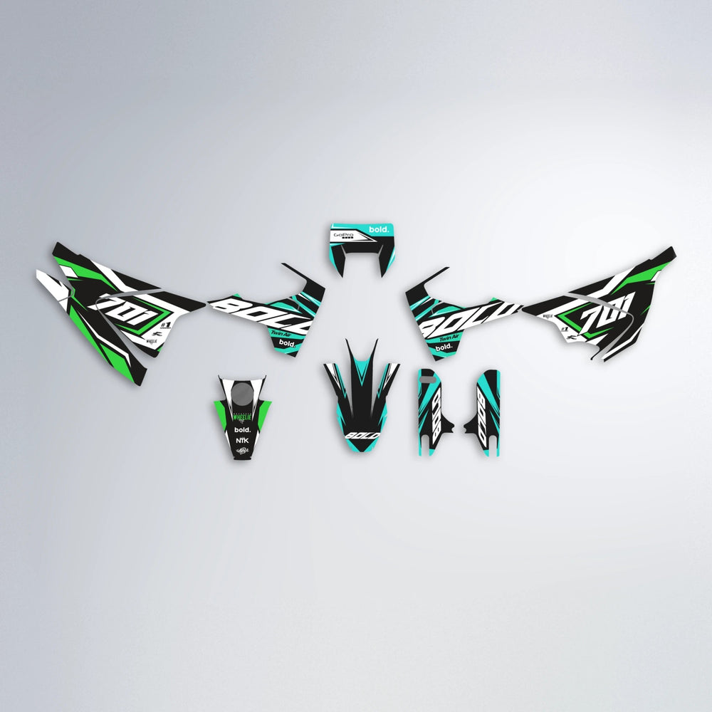 BIONIC Husqvarna 701 graphics kit parts layout in Cyan & Green