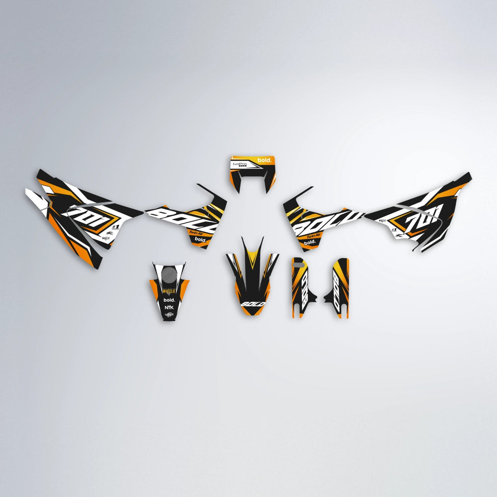BIONIC Husqvarna 701 graphics kit parts layout in Orange & Yellow