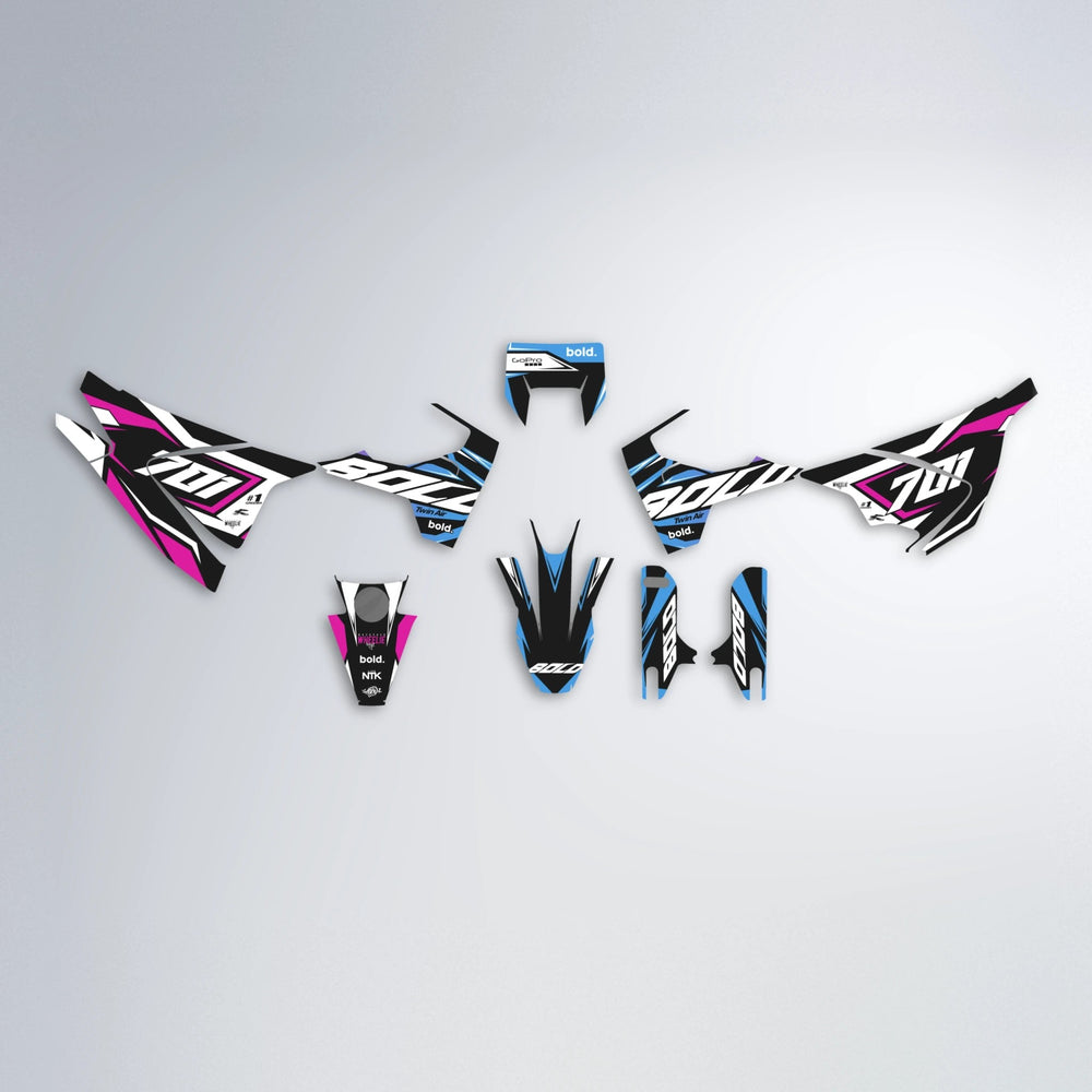 BIONIC Husqvarna 701 graphics kit parts layout in Pink & Light Blue