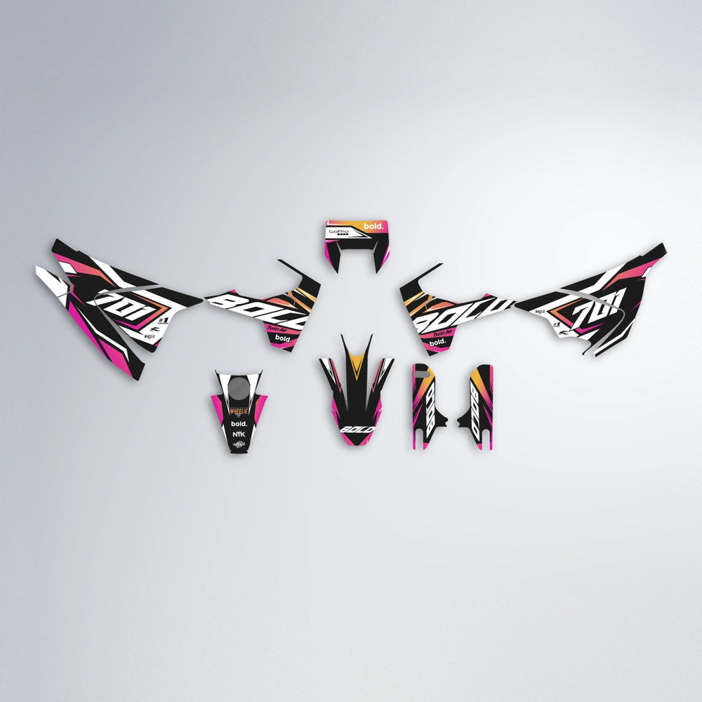 BIONIC Husqvarna 701 graphics kit parts layout in Pink & Yellow