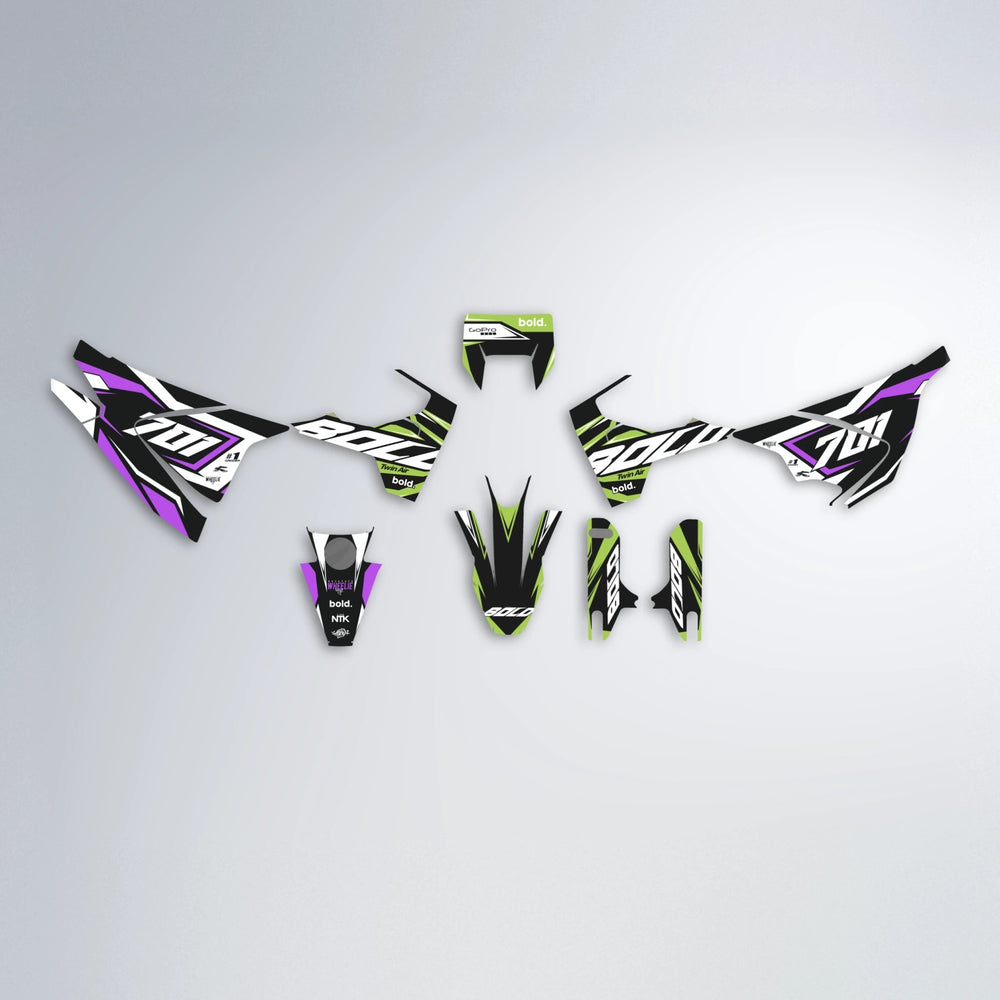 BIONIC Husqvarna 701 graphics kit parts layout in Purple & Yellow