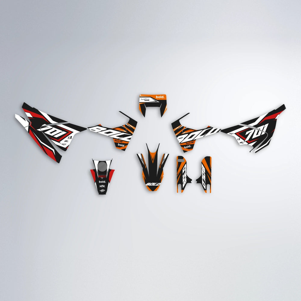 BIONIC Husqvarna 701 graphics kit parts layout in Red & Orange