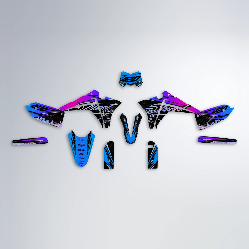BLAZE Fantic graphics kit parts layout in Blue Purple Fade