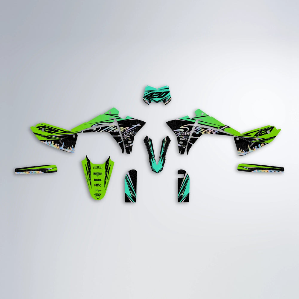 BLAZE Fantic graphics kit parts layout in Cyan & Green
