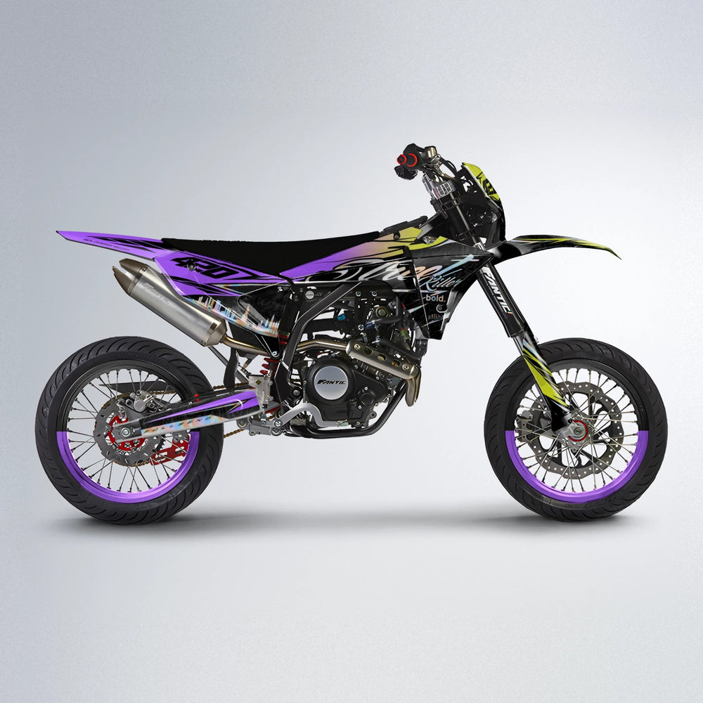 BLAZE Fantic supermoto graphics kit in Purple & Yellow